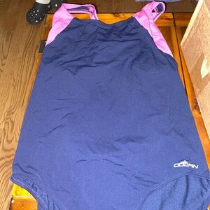 Navy blue bathing suit pink trim